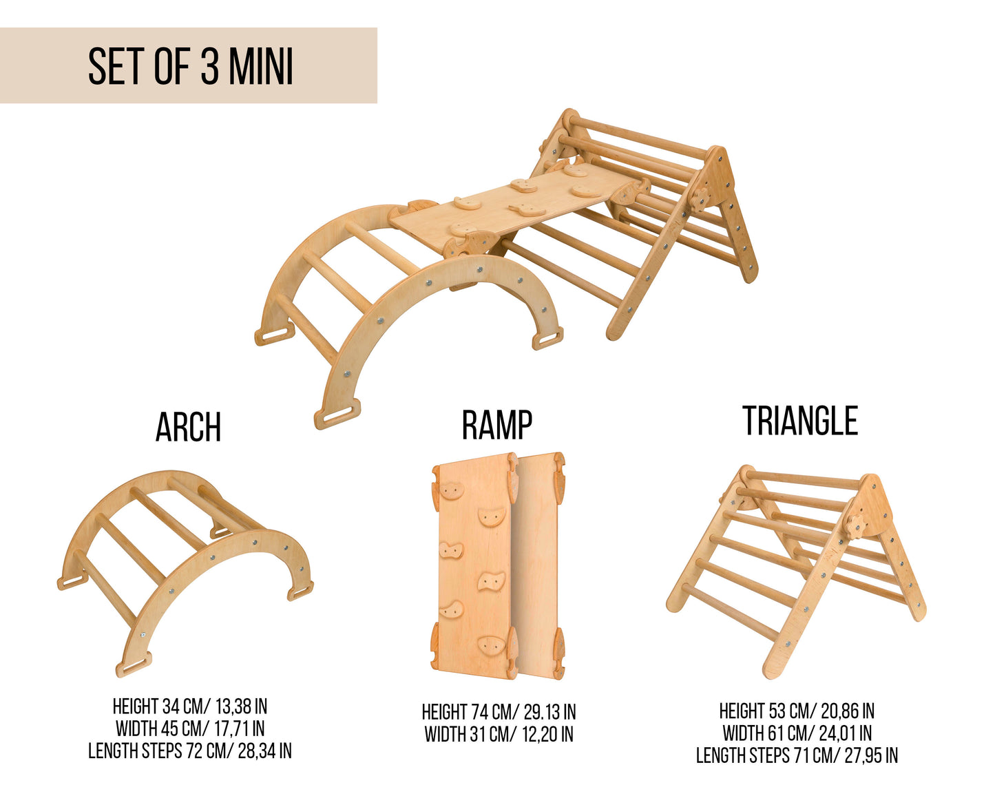 Set de trei triunghi Pikler + rampă + arc (mini)