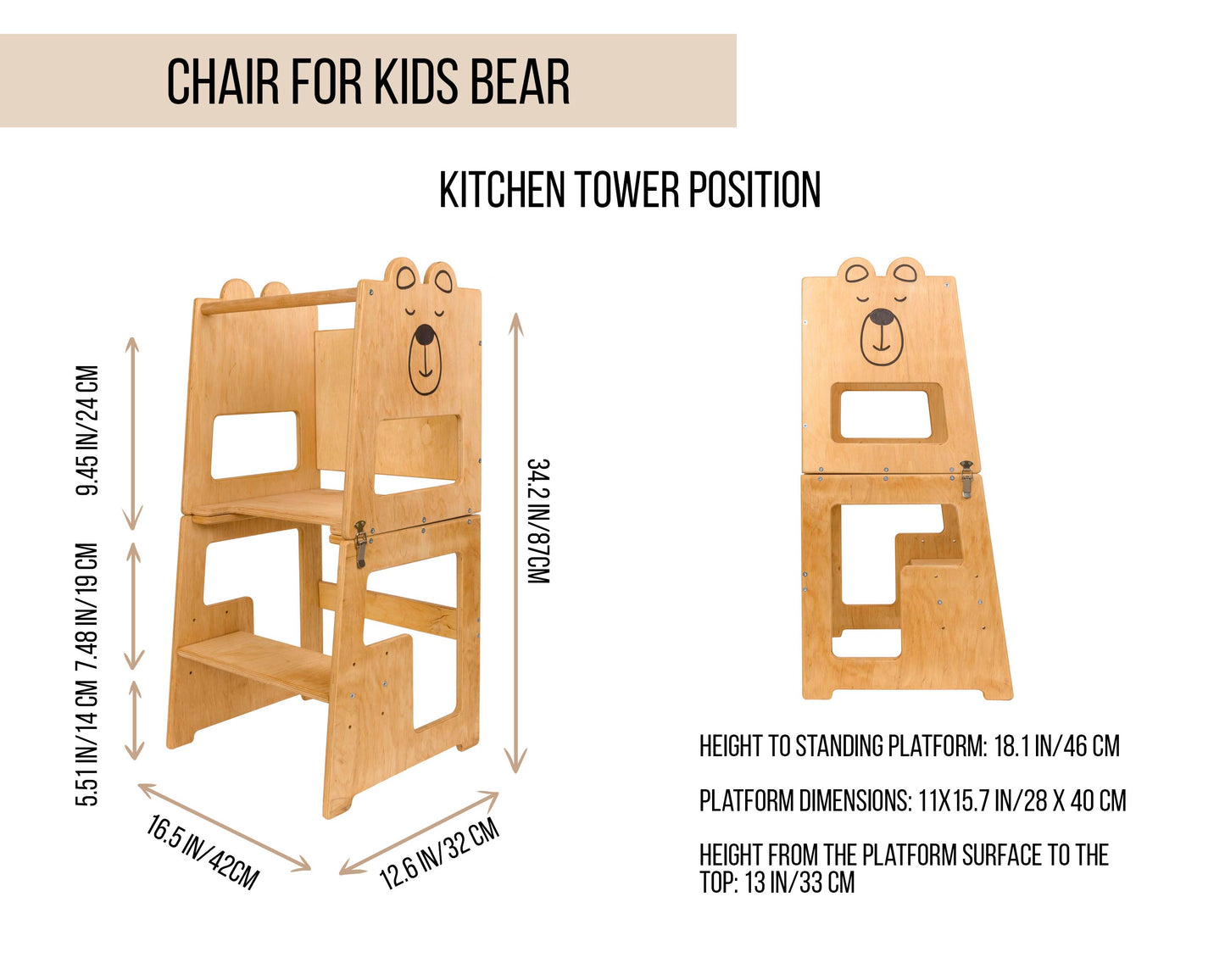 3 în 1: Turn de bucătărie, masă și scaun All-in-One (ursuleț)